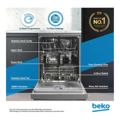 Beko BDFN36422SQ Freestanding Dishwasher, 14 Place Settings, 6 Wash Programs, 2 Racks, A++ Energy Rating, Quiet 46 dBA Operation, Sliding Cutlery Basket, ProSmart Inverter Motor