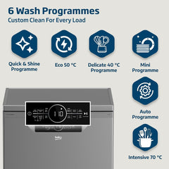 Beko BDFN36422SQ Freestanding Dishwasher, 14 Place Settings, 6 Wash Programs, 2 Racks, A++ Energy Rating, Quiet 46 dBA Operation, Sliding Cutlery Basket, ProSmart Inverter Motor