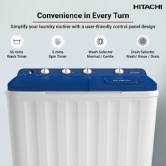 Hitachi 10kg Twin Tub Washing Machine with 8kg Spin Capacity, 1350 RPM, Air Jet Dry & Zen Wave Impeller – LTT H0JWT PFB, Pacific Blue