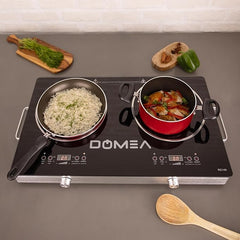 DOMEA 2-Burner Infrared Cooktop, 3600W Electric Dual Burner, LED Display, 4 Preset Cooking Functions, Child Lock, Compatible with All Cookware, A-Grade Micro Crystal Panel, For Fast & Easy Cooking, KC145