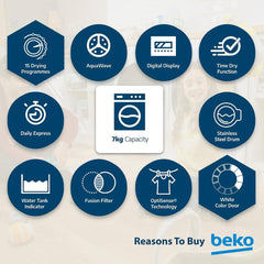 Beko 7kg Condenser Tumble Dryer with 15 Programs, AquaWave Technology & Sensor Drying – DC7W White