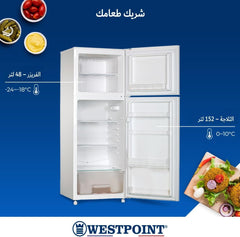 Westpoint 240 Liters Gross Double Door Refrigerator-Freezer, DEFROST, 4 Door Balconies, Egg Rack, Ice Cube Tray, Built in Condenser, 52Dx51.9Wx148H Centimeter Silver WRN-2423EI (NEW MODEL)