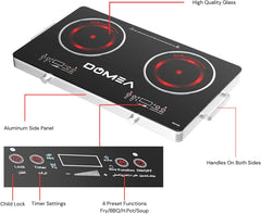 DOMEA 2-Burner Infrared Cooktop, 3600W Electric Dual Burner, LED Display, 4 Preset Cooking Functions, Child Lock, Compatible with All Cookware, A-Grade Micro Crystal Panel, For Fast & Easy Cooking, KC145