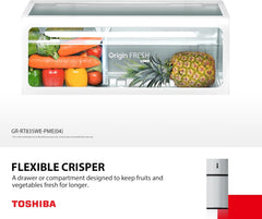 Toshiba 611L Top Mount Refrigerator, Inverter, Pure Air, Ultra Fresh Chiller, No Frost, Twist Ice Maker (Stainless Steel) – GR-RT835WE-PME