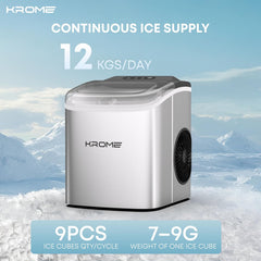 Krome Countertop Ice Maker Machine with LED Display, Auto Clean Function, 9 Bullet Ice Cubes per Cycle, Ice Scoop Included, Portable Stainless Steel Ice Machine for Home, Bar and Party Use KR-IM12SH