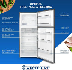 Westpoint 500 Liters Double Door Refrigerator,No-Frost, INVERTER COMPRESSOR, Vegetable Drawers, Fresh Zone Compartment, Twister for Ice Cubes, LOCK & KEY Silver WNN-5019EIV