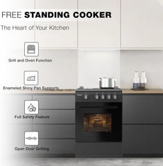 Nikai 50x55 Gas Cooker – 4 Burners Oven & Grill Full Safety Rapid Preheat Free Standing U3110NBFS (Black)