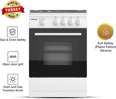 Nikai 50x50cm 4 Burner Freestanding Gas Cooker, Grill Function with Tray & Grid, Glass Lid, Enamel Pan Support Convenient for Cleaning Made in Turkey - U2110N5FS (White)