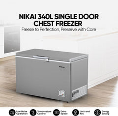 Nikai 340L Gross/300L Net, Single Door Chest Freezer with Storage Basket, High Energy Efficiency Cooling System, Adjustable Temperature, Silent Operation, For Home & Restaurants - NCF340N7S Silver