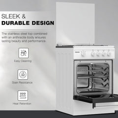 Nikai 50x50cm 4 Burner Freestanding Gas Cooker, Grill Function with Tray & Grid, Glass Lid, Enamel Pan Support Convenient for Cleaning Made in Turkey - U2110N5FS (White)