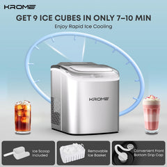 Krome Countertop Ice Maker Machine with LED Display, Auto Clean Function, 9 Bullet Ice Cubes per Cycle, Ice Scoop Included, Portable Stainless Steel Ice Machine for Home, Bar and Party Use KR-IM12SH
