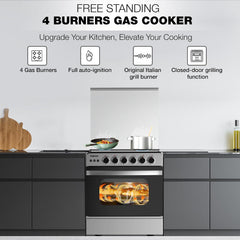 Nikai 60X60cm 4 Burner Full Safety Freestanding Gas Cooker, Auto Ignition, Double Glass Oven Door for Close Door Grilling with Turnspit, Glass Lid & Oven Lamp, St. Steel Finish - U6068FSE1 (Silver)