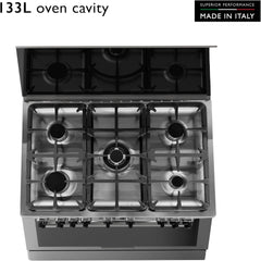 Tecnogas Superiore 90×60 cm Freestanding Gas Cooker with 5 Burners – 133L Convection Fan Oven Stainless Steel N3X96G5VCF