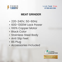 Star Track Meat Grinder 1300W Lock Power Copper Motor Stainless Steel Body ST-BID-MG1300