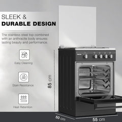 Nikai 50x55 Gas Cooker – 4 Burners Oven & Grill Full Safety Rapid Preheat Free Standing U3110NBFS (Black)