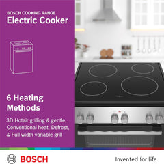 Bosch 60×60cm Freestanding Electric Cooker with 4 Ceramic Zones – 66L Oven 3D HotAir Stainless Steel HKL060070M