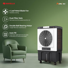 Havells Aero 150 Commercial Air Cooler – 12000m³/h Air Delivery, 4 Leaf Metal Blade Fan, Inverter Compatible, Bacteria Shield Honeycomb Pads, Auto-Fill Technology