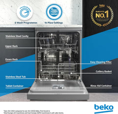 Beko Freestanding Dishwasher 14 Place Settings, 6 Programs, 2 Racks,A++ Energy Rating, Quiet Operation (46 dBA),Sliding Cutlery Basket, BDFN36422SQ (Silver)