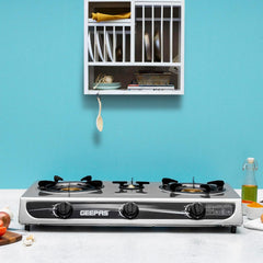 Geepas Stainless Steel Gas Cooker, Auto Piezo Ignition, Triple Gas Burner | Low Gas Consumption | FFD | Cast Iron Mixing Tube