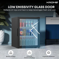 Krome Beverage Cooler, 90 L, Compact Design, Free Standing, Single Door, 2 Glass Shelves, Adjustable Feet, Mechanical Temperature Control, Environment-Friendly R600a, Black