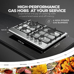 Nikai 4 Burner Gas Hob with Auto Ignition, Cast Iron Support, Full Safety Features, Straight Flame, Stainless Steel Body, Rapid Burner, Semi-Rapid Burner, Auxiliary Burner - NGH3005N