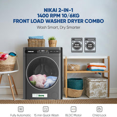 Nikai 10/6 kg Washer Dryer – 1400 RPM BLDC Inverter 18 Programs Touch Control NWM1106FDS