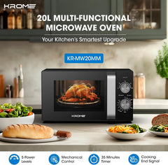 KROME Microwave Oven, 20L Capacity, 700W Output, 5 Power Levels, 35 Minute Timer, Cooking End Signal, Grey Painted Cavity, Black Color| KR-MW20MM