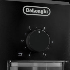 De'Longhi Electric Coffee Grinder, 110W, Burr Grinding System, 12 Settings, Stainless Steel Blade, 12 Cup Capacity, 120g Bean Container, Removable Transparent Lid – KG79, Black