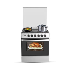 Nikai 60X60cm 4 Burner Full Safety Freestanding Gas Cooker, Auto Ignition, Double Glass Oven Door for Close Door Grilling with Turnspit, Glass Lid & Oven Lamp, St. Steel Finish - U6068FSE1 (Silver)