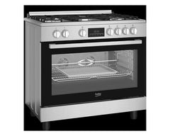 Beko 90x60cm Freestanding Gas Cooker, 5 Burners with Wok, 108L Multifunction Electric Oven, AirFry, Stainless Steel