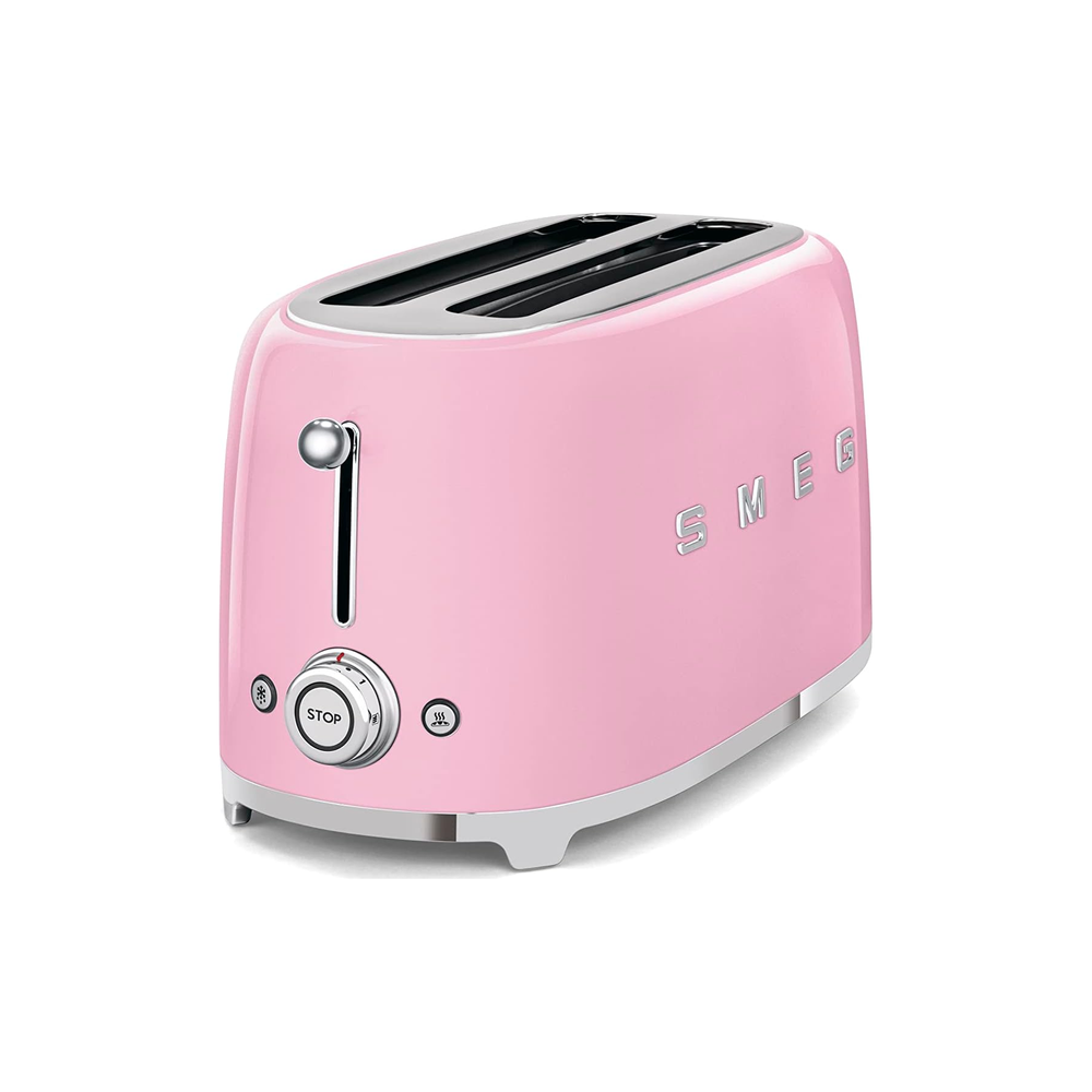 Smeg TSF02PKUK 50s retro style 4-slice toaster in Pink, angled view showing browning dial