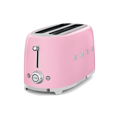 Smeg TSF02PKUK 50s retro style 4-slice toaster in Pink, angled view showing browning dial