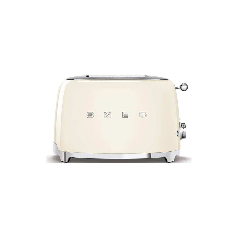 Smeg TSF01CREU 2-slice toaster front view showing browning dial, stop button and defrost icon