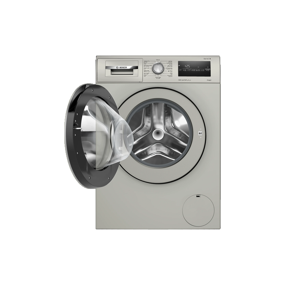 Bosch WAN28283GC front view with door open, showing the 8kg drum interior