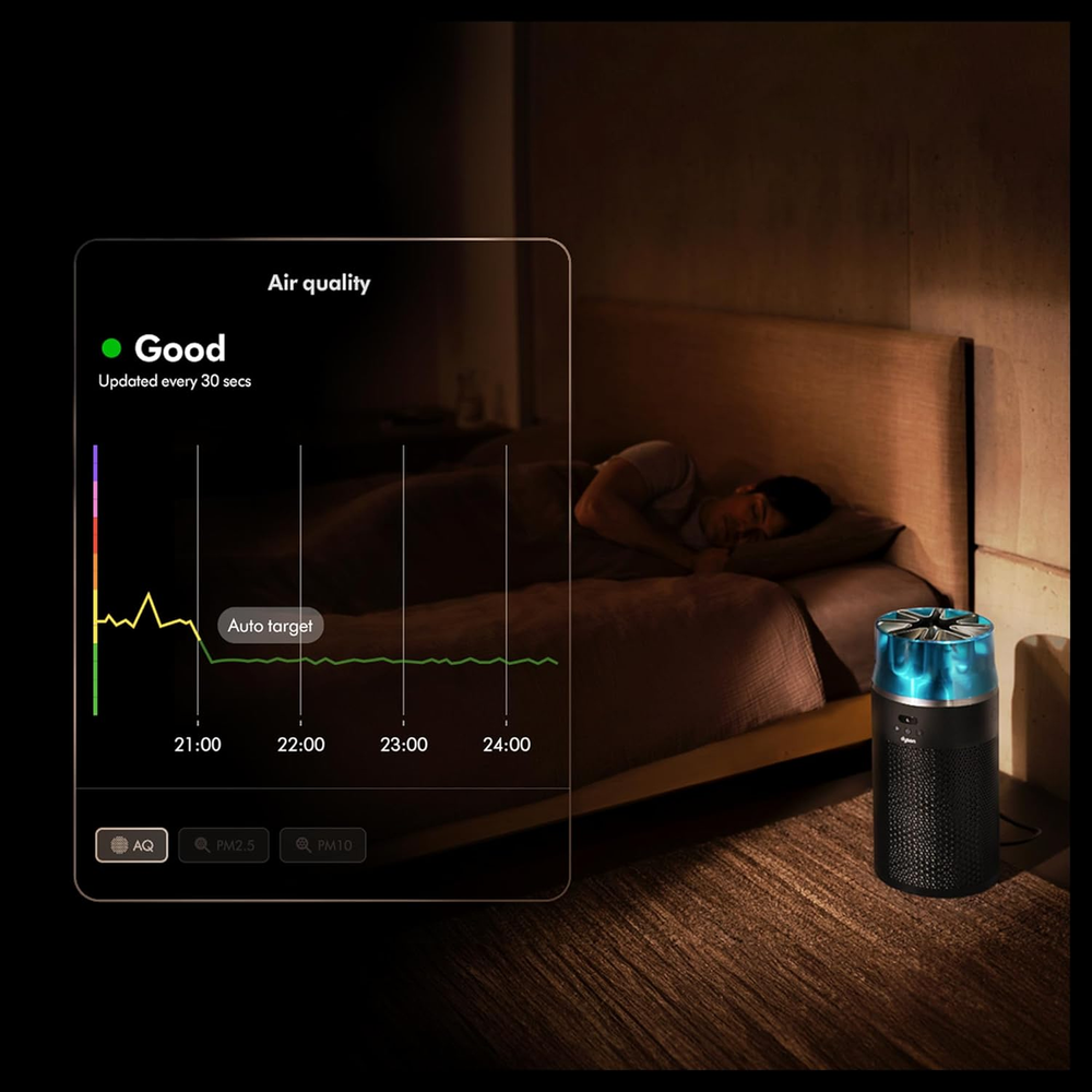 Dyson Hushjet Purifier Compact HJ10 on a bedside table showing real-time air quality graph reaching Good