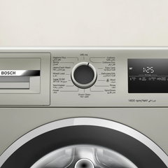 Close-up of the Bosch WAN28283GC control panel with Hygiene Plus, SpeedPerfect and programme dial