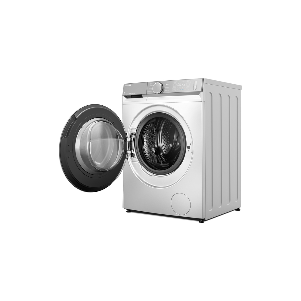 Toshiba TWD-BM130GF4B(WS) washer dryer with door open, showing the 12kg drum interior