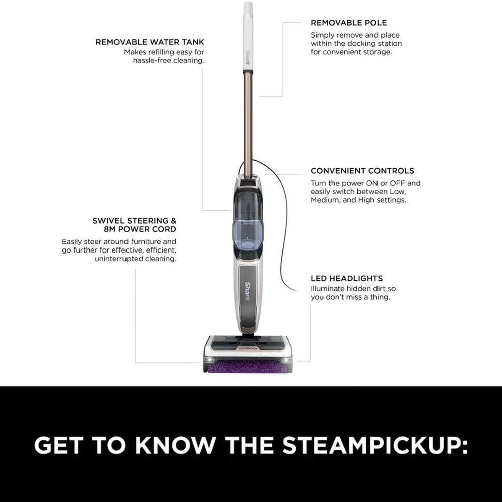 Shark SteamPickUp SD200ME features diagram – removable water tank, swivel steering, LED headlights, convenient controls