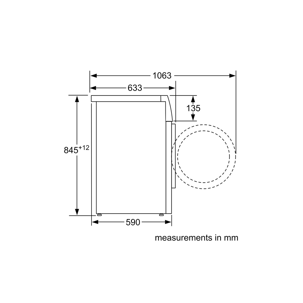 Bosch WAN28283GC installation line drawing – side view height, width and depth measurements in mm