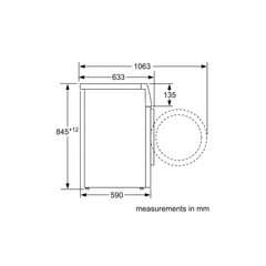 Bosch WAN28283GC installation line drawing – side view height, width and depth measurements in mm