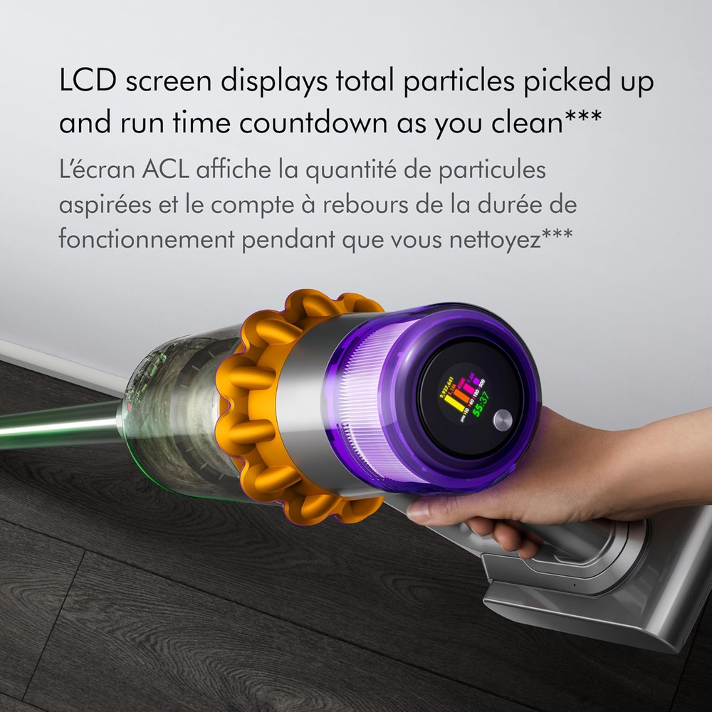 Dyson V15s Detect Submarine LCD screen displaying total particles picked up and run time countdown
