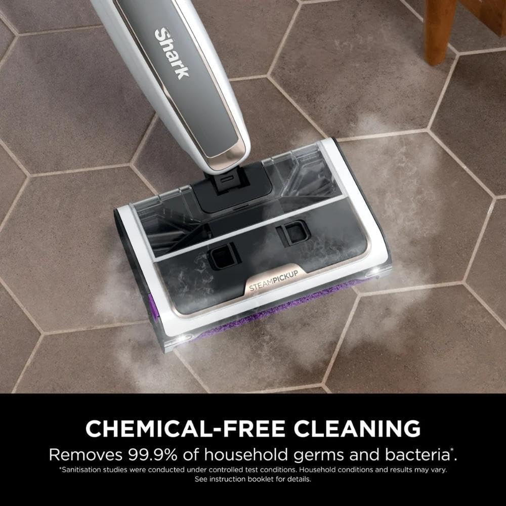 Shark SteamPickUp SD200ME chemical-free steam cleaning removing germs and bacteria from a hexagon tile floor