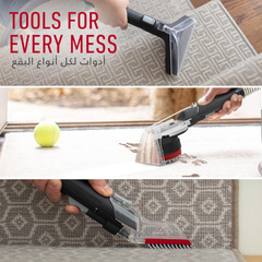 Hoover CleanSlate CDSW-MPMC tools for every mess – wide brush, SpinScrub and crevice tool on carpet and rugs
