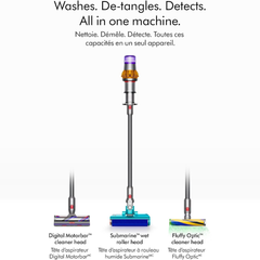 Dyson V15s Detect Submarine Fluffy Optic cleaner head illuminating hidden dust on a hard floor
