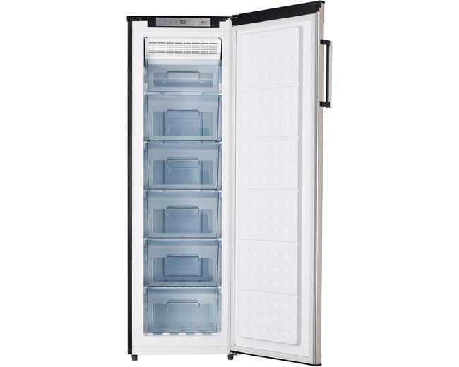 Hoover HSF-K245-S Upright Freezer – door open, 6 drawers