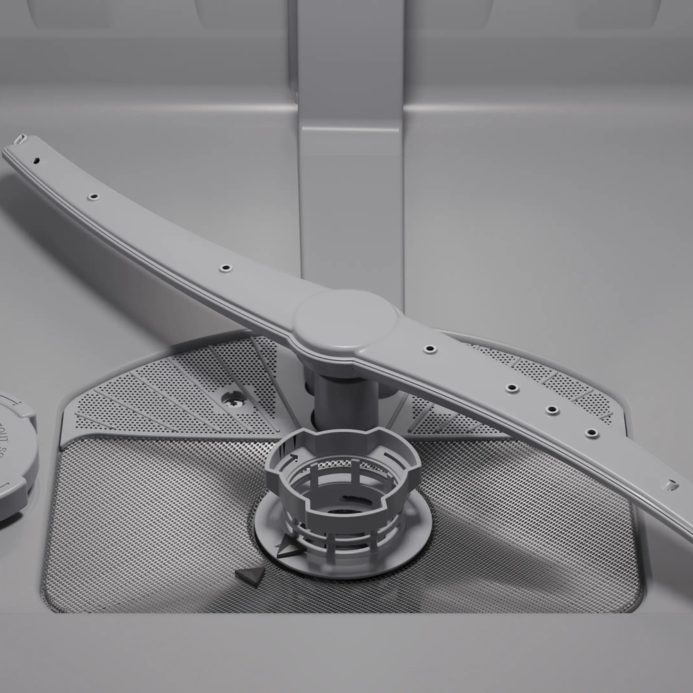 Interior view of the Siemens SN616X00AM dishwasher tub showing the spray arm and water inlet valve