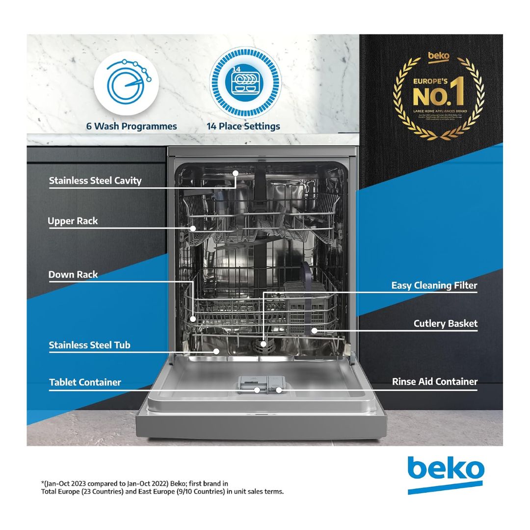 Beko BDFN36422SQ Freestanding Dishwasher, 14 Place Settings, 6 Wash Programs, 2 Racks, A++ Energy Rating, Quiet 46 dBA Operation, Sliding Cutlery Basket, ProSmart Inverter Motor