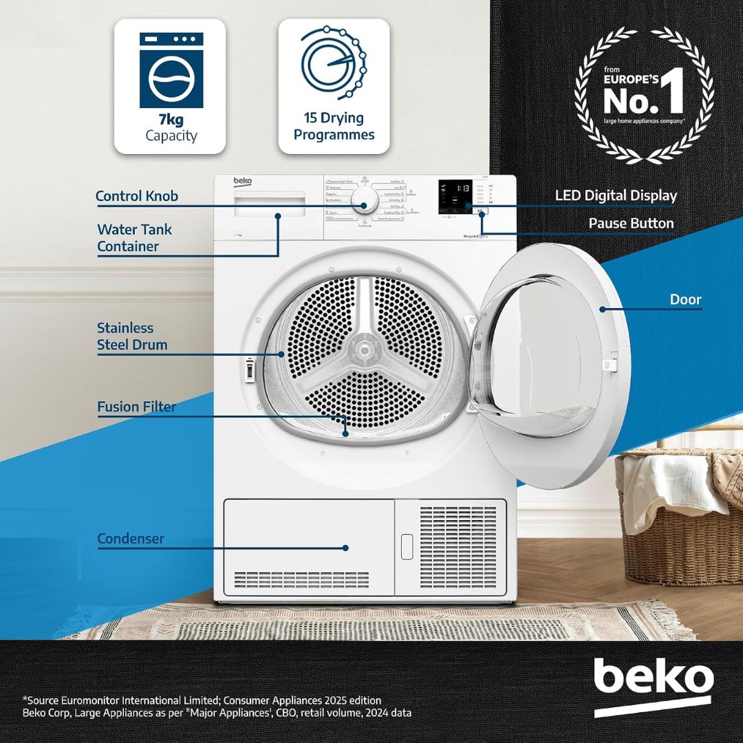 Beko 7kg Condenser Tumble Dryer with 15 Programs, AquaWave Technology & Sensor Drying – DC7W White