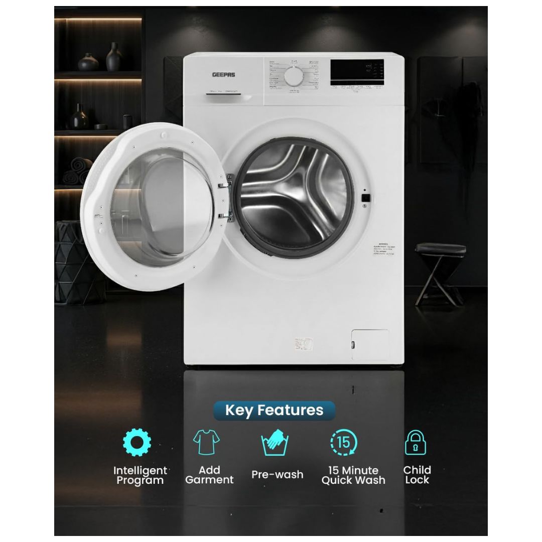 Geepas 6kg Fully Automatic Front Load Washing Machine with Electronic Control, Ecologic System & Overload Protection – GWMF6210LCR, White