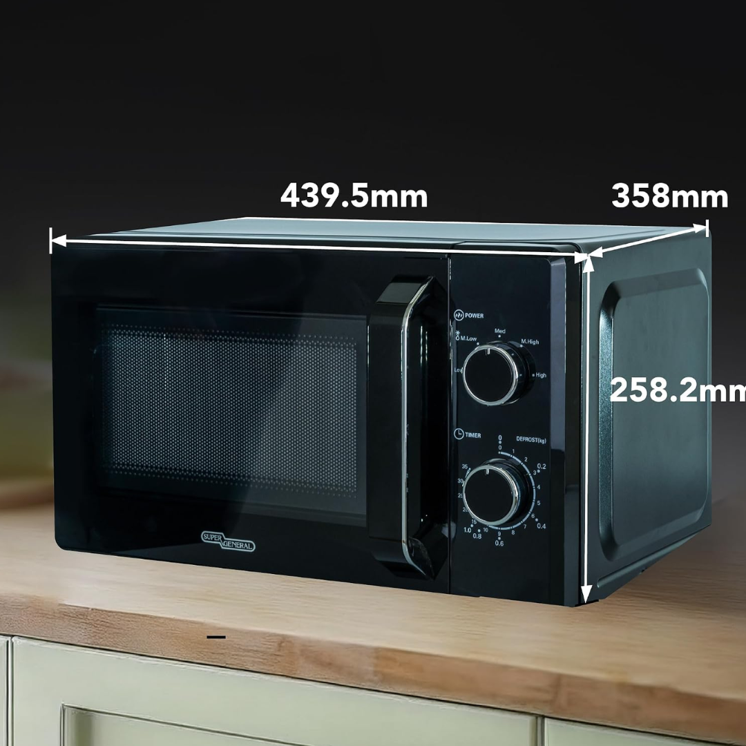 Super General 20L Microwave Oven, 700W, 5 Power Levels, Defrost Function, 35-Minute Timer, Cooking End Signal, Compact Design, Black (SGMM921NHB)